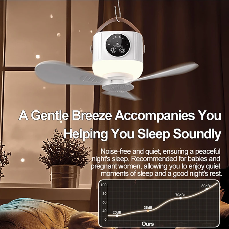 Portable Hanging Ceiling Fan with LED Light & Mosquito Repellent, Remote Control 12H Timing Mini Cooling Fan, Rechargeable Tent