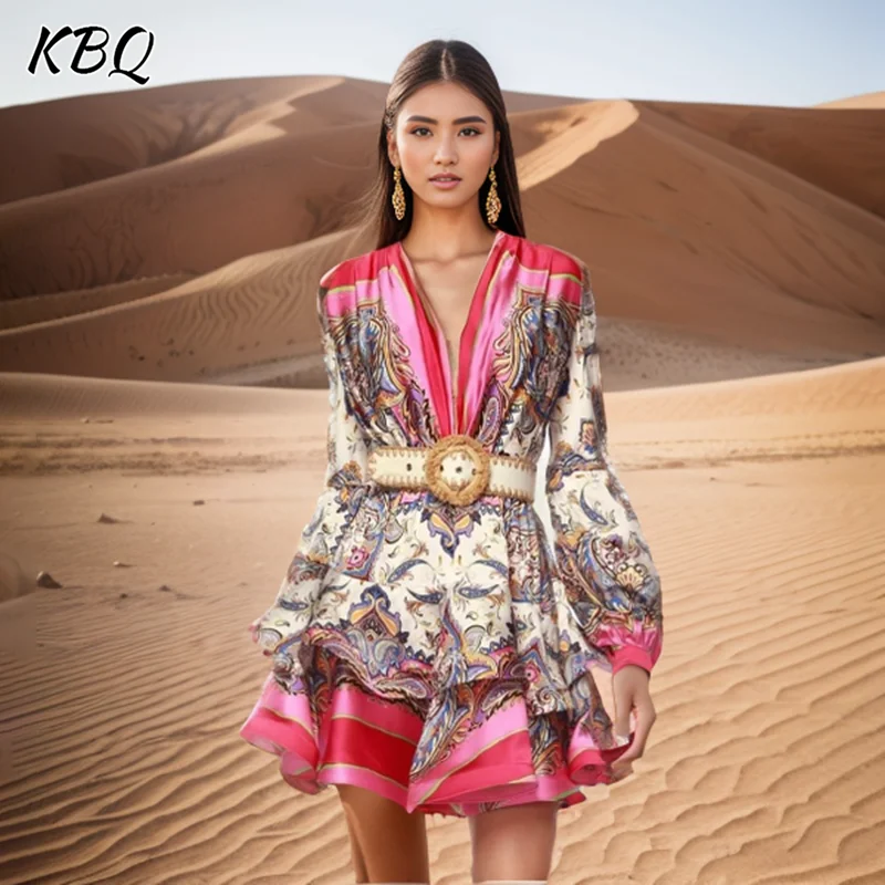 

KBQ Hit Color Printing Patchwork Belt Dresses For Women V Neck Lantern Sleeve High Waist Slimming Mini Dress Female Fashion New