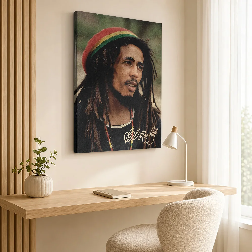 Bob Marley Portrait with Signature Canvas Painting Poster Customized Photo Retro Music Wall Art for Studio Decor Ready to Hang