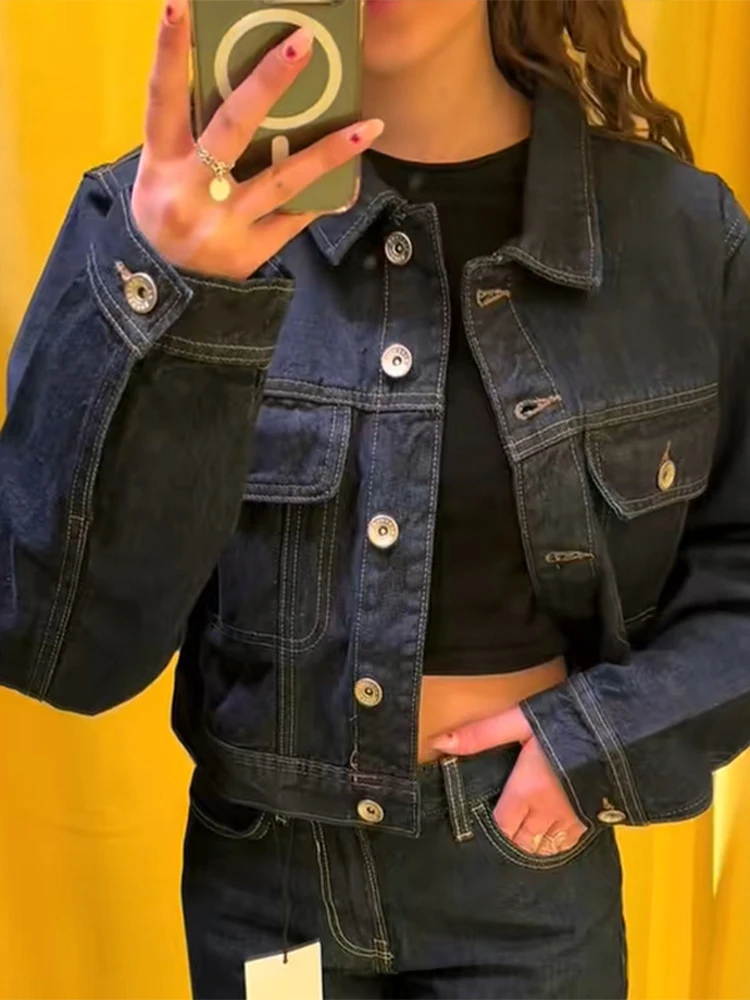 

Vintage Lapel Single Breasted Women Denim Coats Jackets Pants 2 Piece Sets Large Pockets Tops Baggy Dragging Jeans Suit Outfits