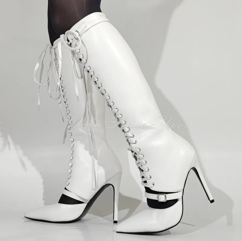 

Sexy White Lace Up Knee High Boots for Women Pointed Toe Thin Heel Cross Strap Design Modern Boots Side Zip Buckle Long Botas