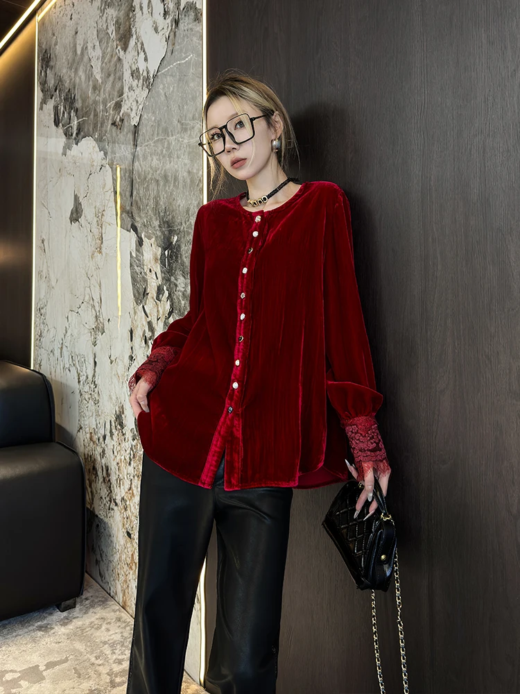 

Women's round Ne Long Sve Velvet irt Heavy Embroidery Button Lace Sve Casual Sle round Ne Top for Autumn Winter