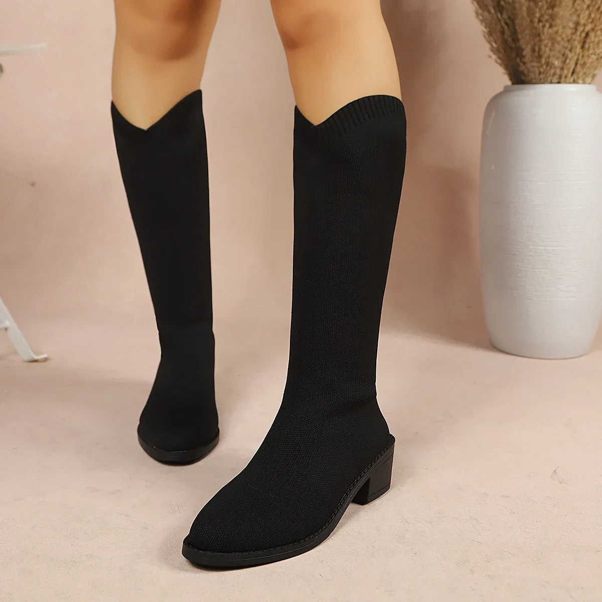 2026 Neue Winter-Stretch-Sockenstiefel, Kniehohe Stiefel für Damen, Dicke Sohle, Schlanke Form, Hoher Absatz, Große Größen, Runde Spitze, Damenstiefel – Detail 5