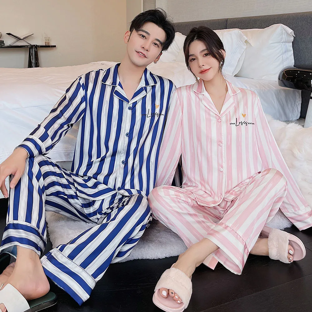 

Summer Couple Men Striped Printed Stain Lapel Long Sleeve Pants Lovers Pajamas Pyjamas Homewear Can Be Worn Out Sleepwear