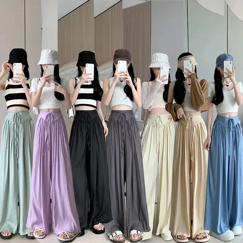 7 Colors 2025 Summer New Fashion Women Pants Casual Thin Pleated Wide Leg Chic Sweet Belt High Waist Trousers Mujer