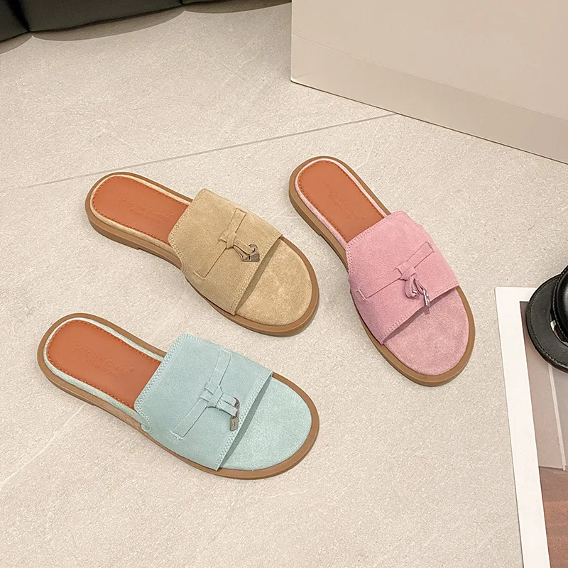 

Womens slippers, fashionable elegant, fringed, casual, square-toe, versatile, anti-slip, slip-on vacation, beach, flat shoes