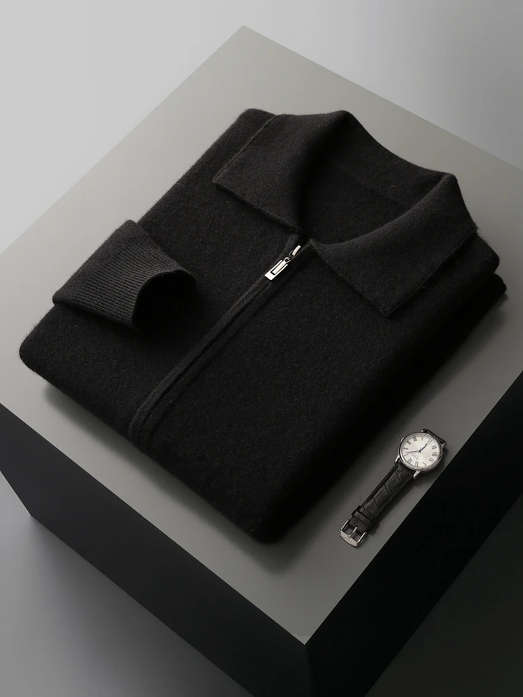 100% Cashmere Knitwear Spring Autumn Men's Smart Casual High Quality Cashmere Sweater Luxury Polo Collar Cardigan Zipper Coat