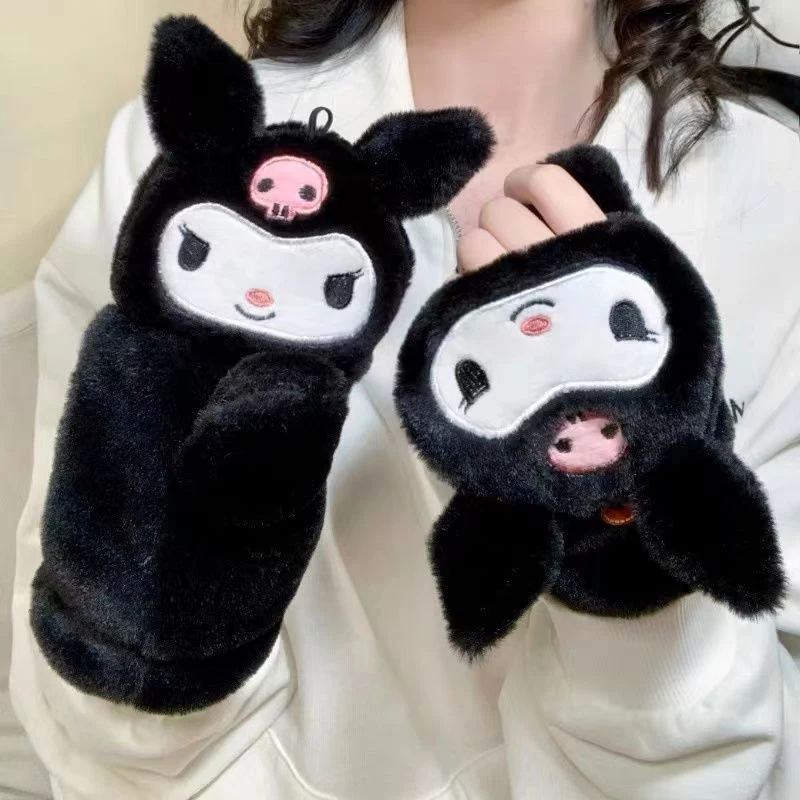 Sanrioed Kuromi guantes de felpa con tapa para mujer, dibujos animados de Anime Kawaii, nuevo invierno, chica, estudiante, grueso, cálido, suave, regalo de Festival