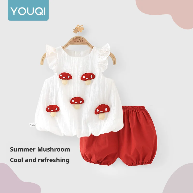 

【Youqi】Китайский комплект одежды для девочек 0-2 лет, комплект с шортами и короткими рукавами, новый стильный комплект из двух предметов, модный детский комплект одежды