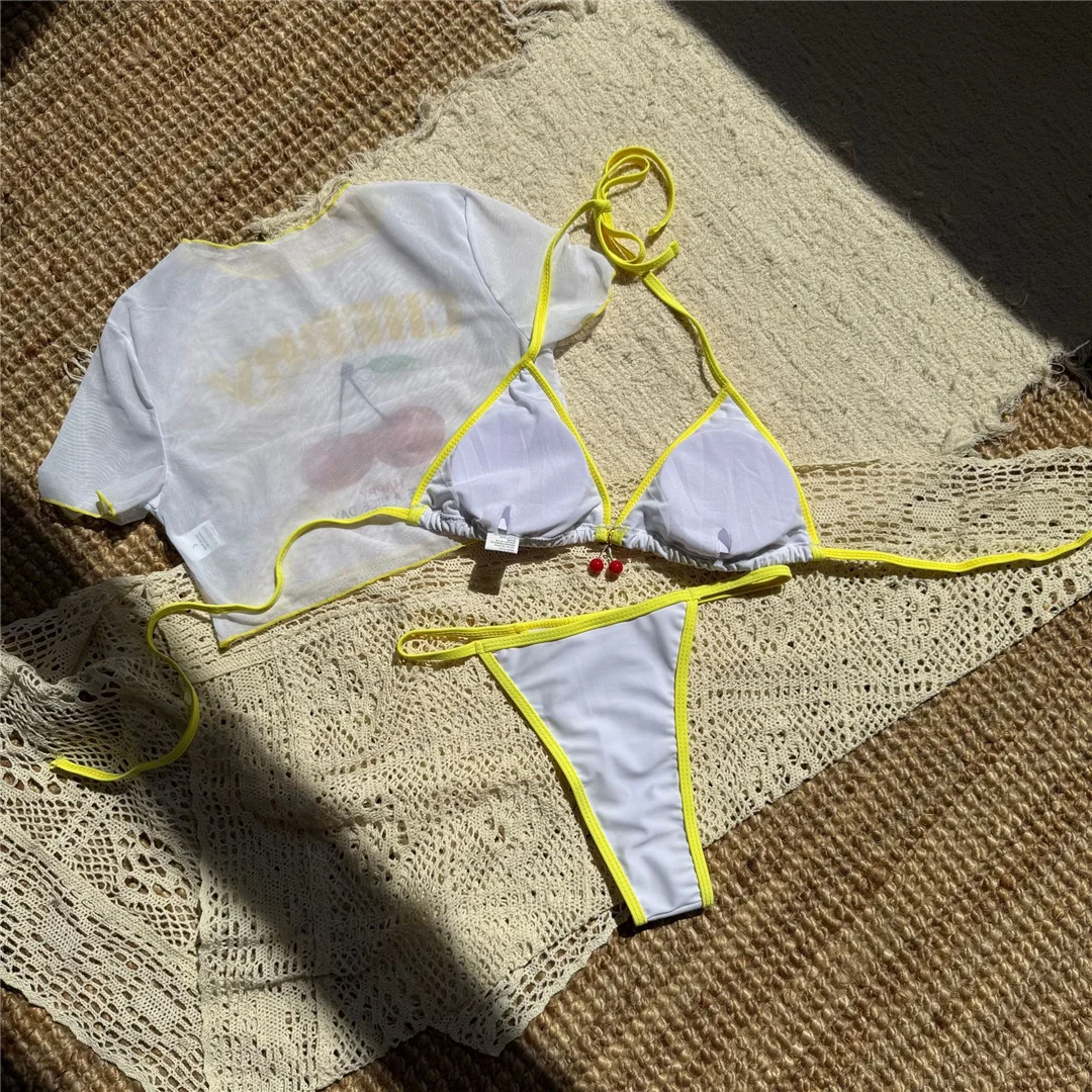 Kurzarm-T-Shirt mit Kirschmuster, Bikini, Damen-Badebekleidung, dreiteiliges Bikini-Set, Badeanzug, Badebekleidung, Modell V7132. – Detail 10