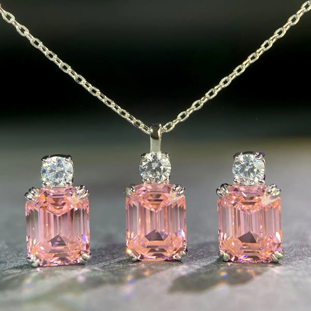 

925 Sterling Silver Chain Set with Ins Style, Simple Yet Colorfast Emerald Cut Pagoda Pendant, Pink Gemstone Necklace Set, Chain