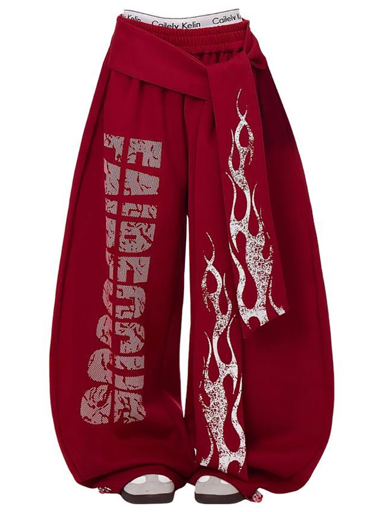 

plus Size Women's American Streetwear Letter Flame Sash Sweatpants Spring Autumn Wide Leg Jazz Dance Pants High Waist Polyest...