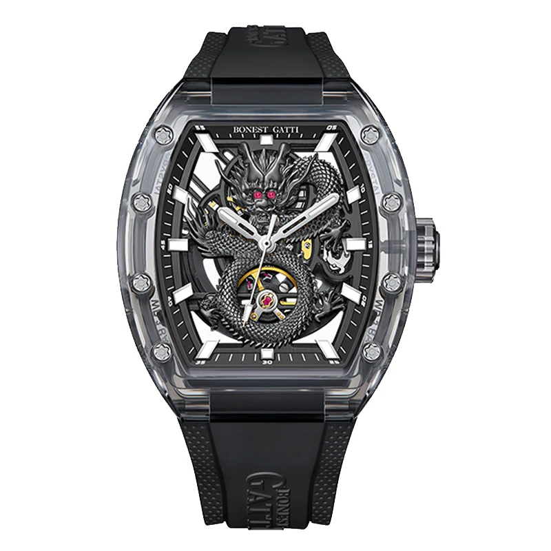 Reloj Automático BONEST GATTI para hombre, reloj de pulsera mecánico Tonneau de 45x53mm, caja acylic, esfera luminosa de dragón de zafiro, caucho fluorado