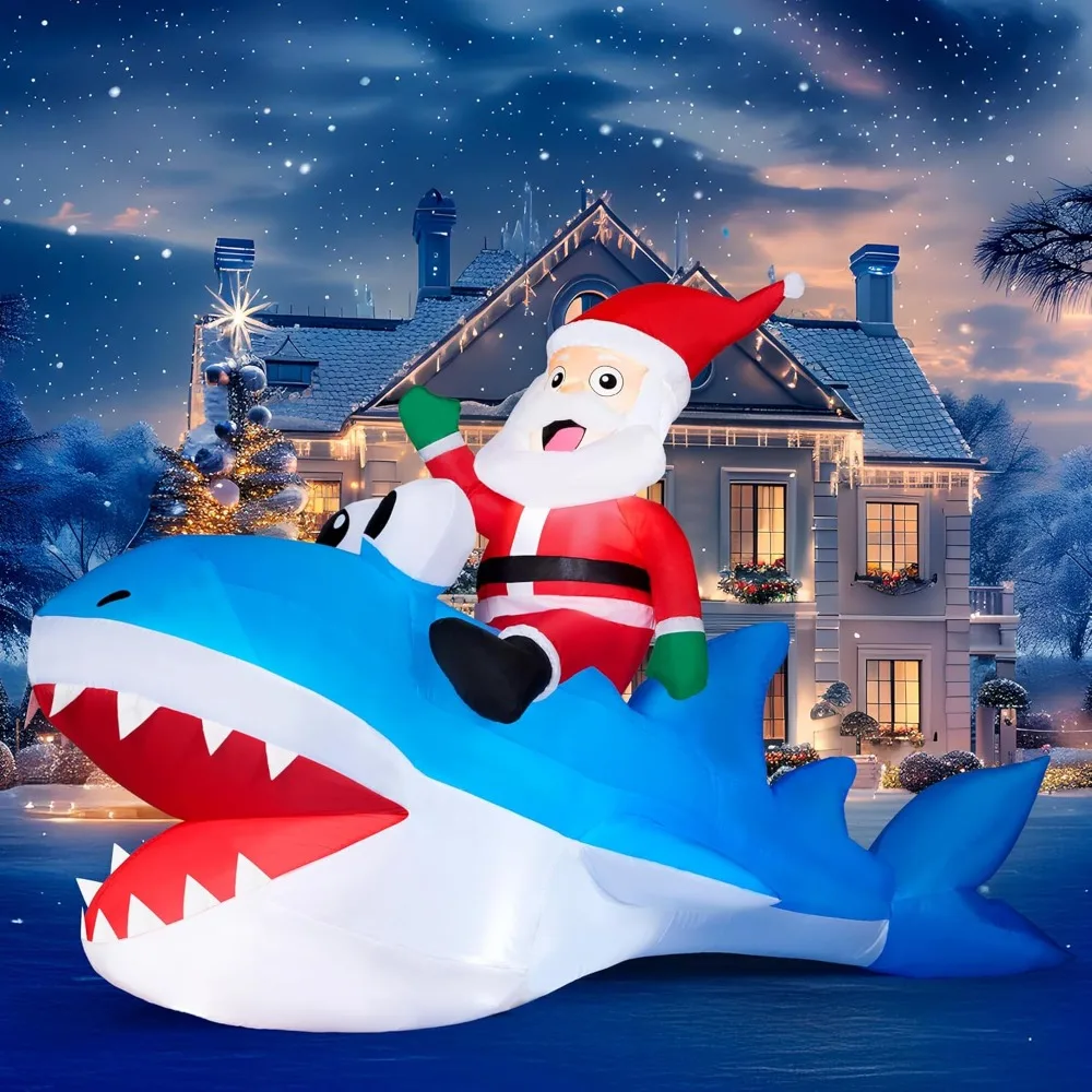 

8ft Long Christmas Inflatables Santa Outdoor Decorations, Christmas Blow Ups Santa Riding on Shark for Yard with Build-in