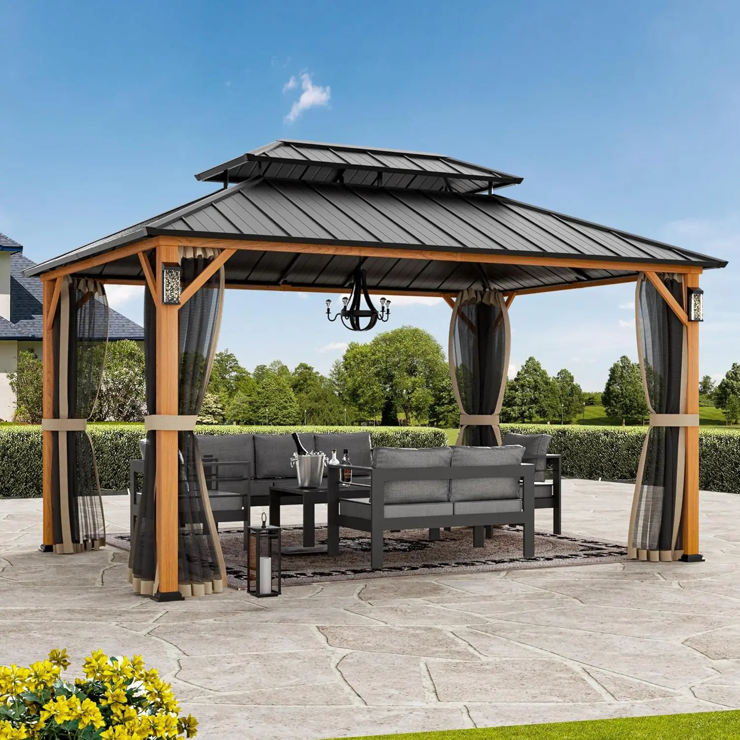 

Hardtop Gazebo 10x14 LED Lights Galvanized Steel Double Roof Mosquito Netting Patio, Custom