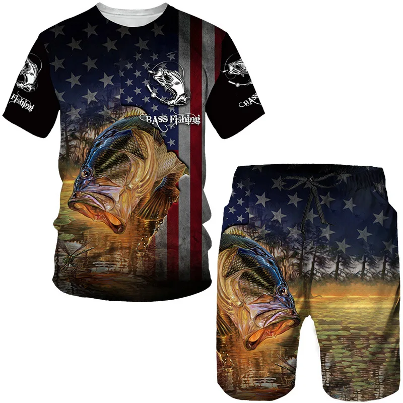 Camouflage 3D Crap Fishing Print Summer Men\'s Beach Shorts Set Short Sleeve T-shirts+Shorts 2 Pcs Set Oversized Tracksuit Suits