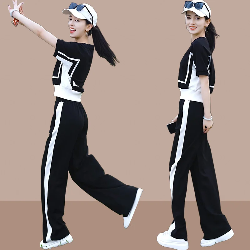 Summer Women Sportswear Tracksuit Loose Sweatshirt Wide Leg Long Sport Pant Running Jogger Fitness Workout Casual Set Activewear