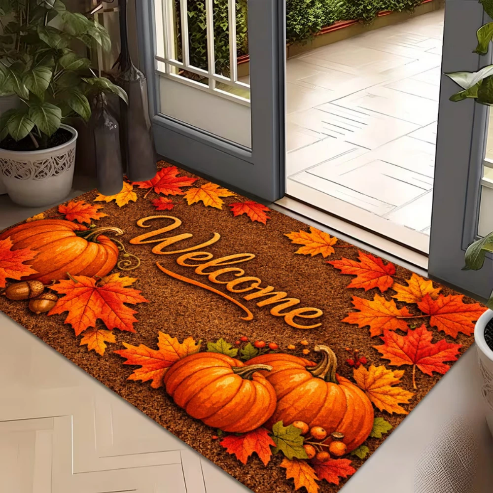 Autumn Harvest Pumpkins Welcome Rug Maple Leaves Doormat Thanksgiving Entryway Carpet Porch Sunroom Backyard Floor Decor Mat