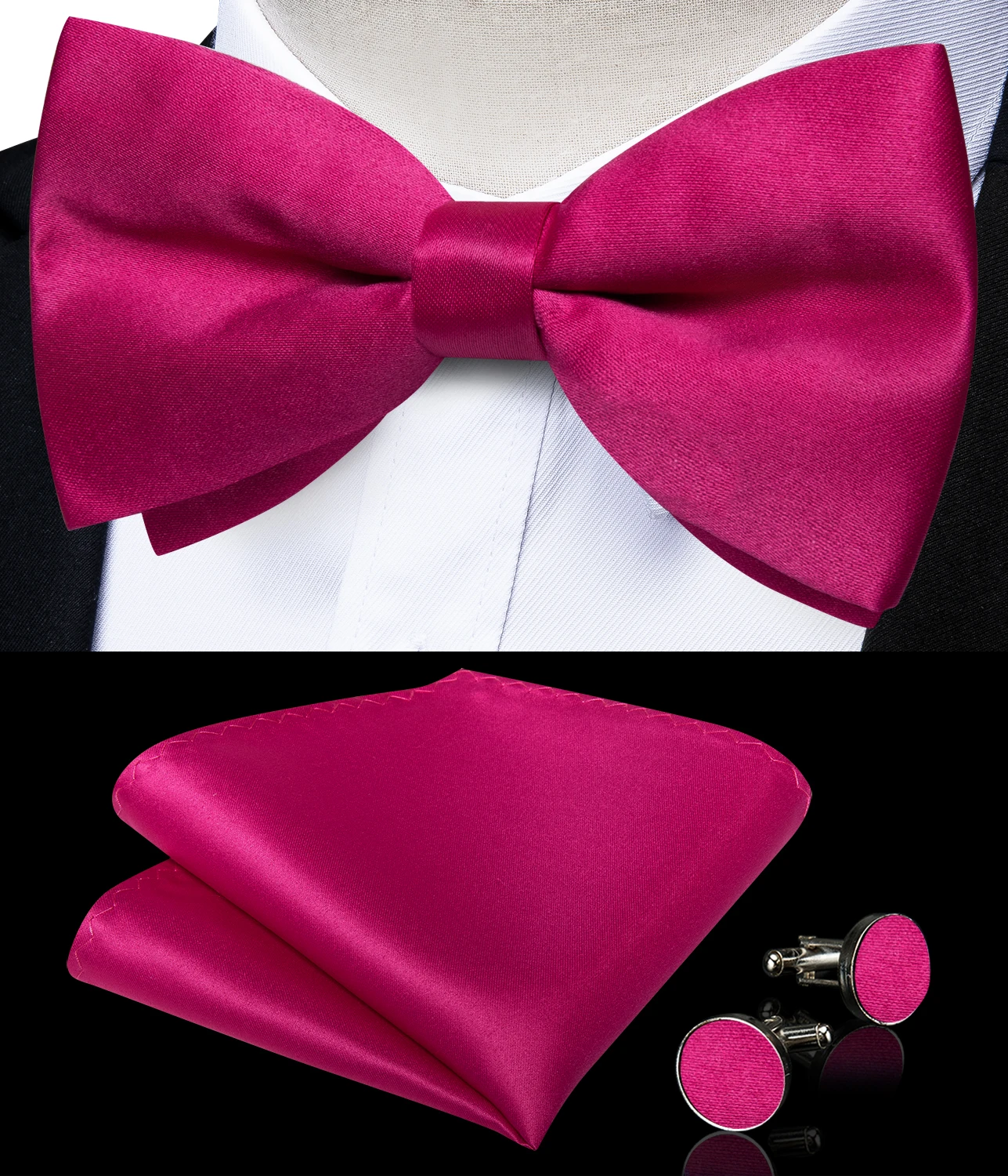 Pajarita sólida preatada para hombre, pajarita rosa roja, conjuntos de gemelos cuadrados de bolsillo para hombre, nudos de mariposa de seda ajustables, fiesta de boda