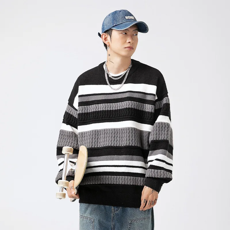 Unisex Sweater 2025 Autumn Winter Women Knitting Sweater Japanese Style Striped Color Block Loose Men's Knit Outerwear