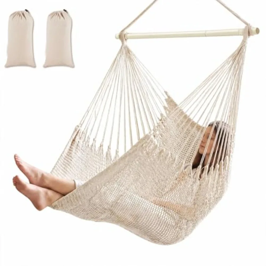 

2 Pcs Hanging Hammock Chair Boho Swing Chair Outdoor Indoor Comfy Soft Cotton Rope Weaving with 40 Inch Detachable Metal Bars f
