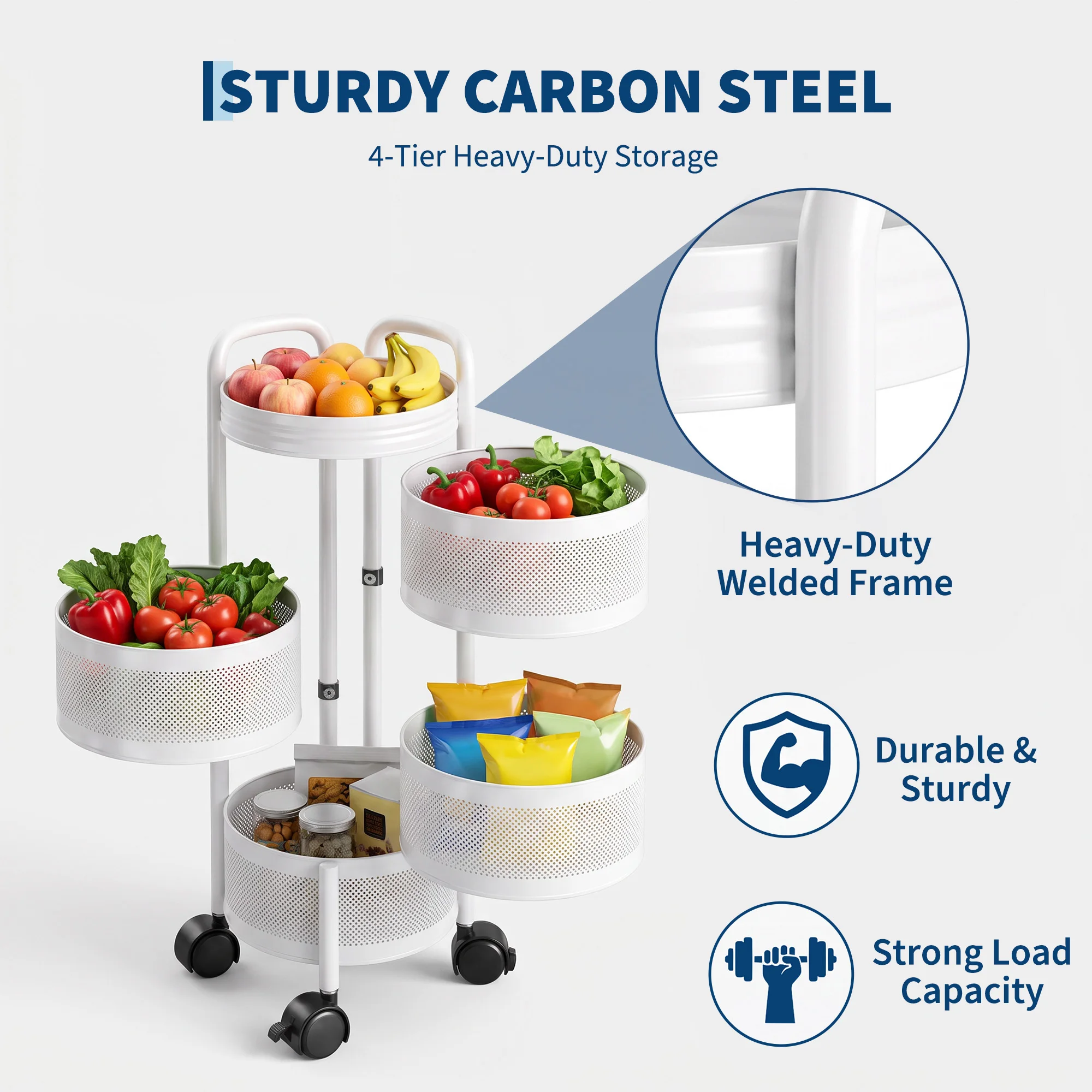 4/5-Tier Rotating Storage Cart with Lockable Wheels, Mobile Produce Organizer with Top Lid, No Assembly Utility Rack for Kitchen Bathroom Living Room