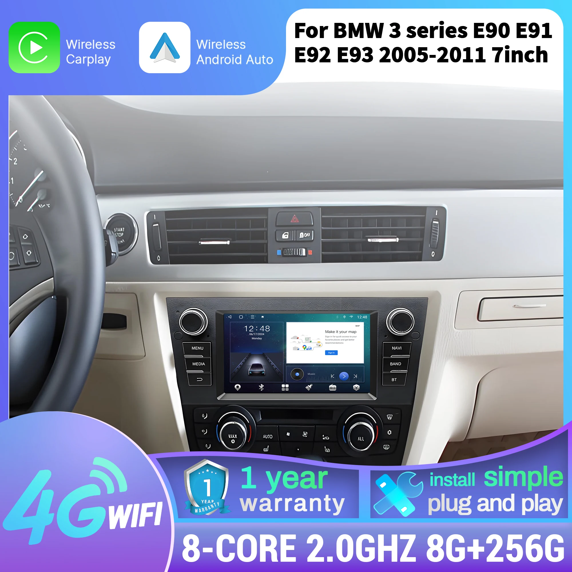7 inch Car Radio For BMW 3 series E90 E91 E92 E93 2005 2006 2007 2008-2011  Multimedia Wireless CarPlay Head Unit Touch Screen