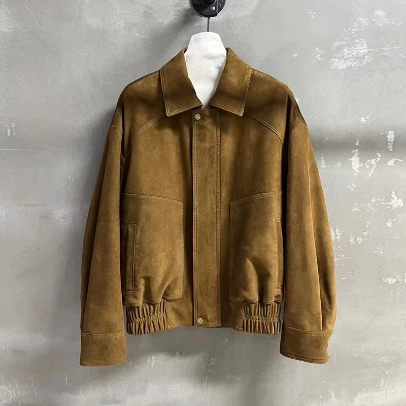 2025 Fall Retro Kid Suede Women Real Leather Jacket Coats Casual Loose Female Elastic Waist Imported A-level Lambskin Jacket Top