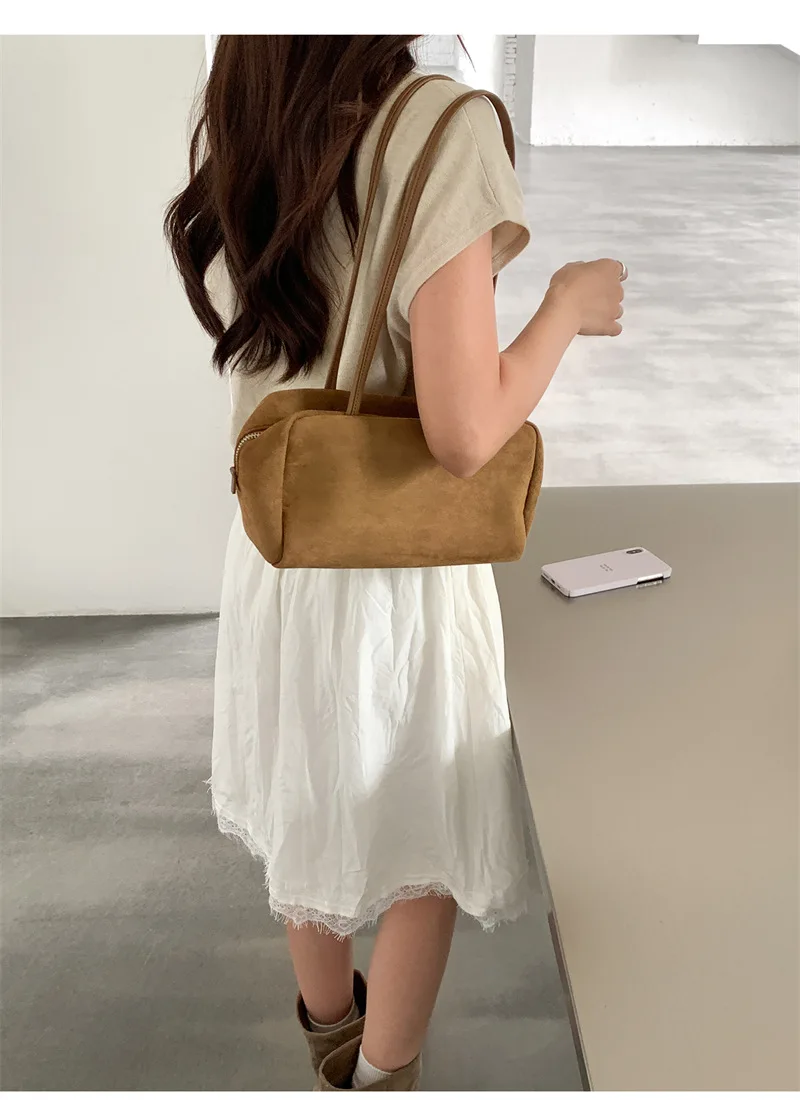 Wildleder Boston Tasche Baguette Tasche Handtasche Schultertasche Damen Vintage Kissen Unterarmtasche für den Alltag – Detail 22
