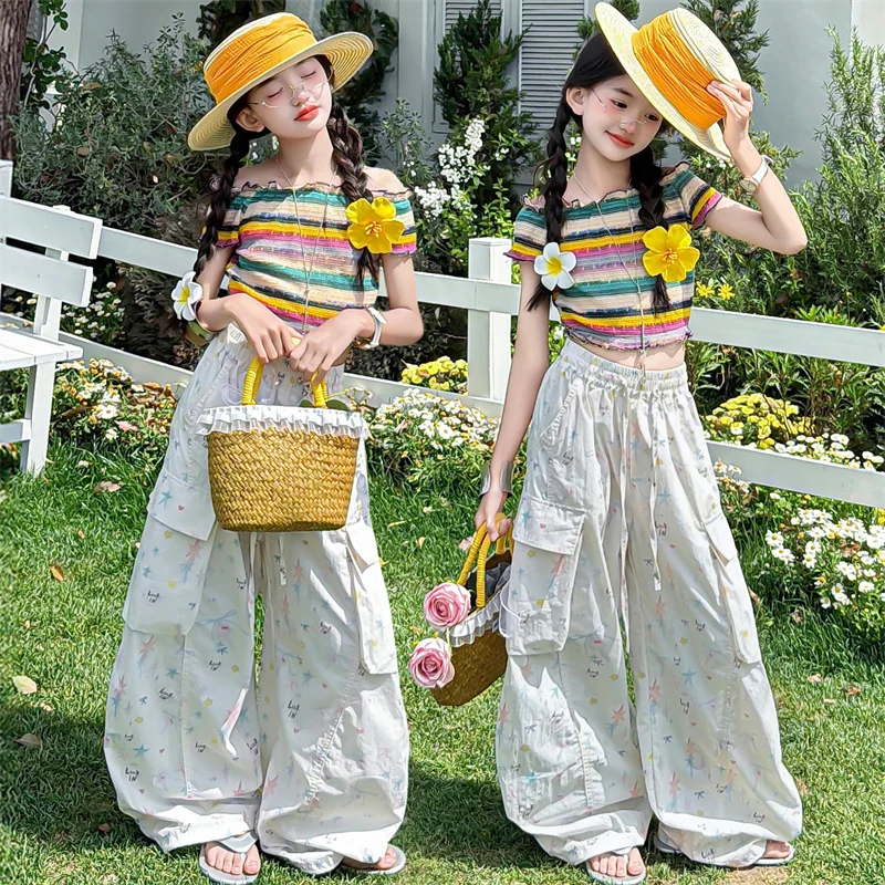 

Kids Girls Summer Y2K Clothes Suit Rainbow Striped Tops&Print Cargo Pants 2Pcs Sweet Streetwear Kids Fashion Clothing Sets 5-14T