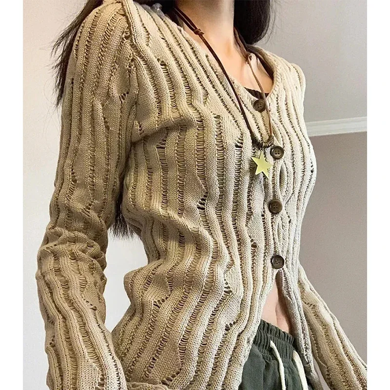 Y2K Hole Knitted Cardigan Women Streetwear Hollow Out Sweater Coat Harajuku Vintage V Neck Tunic Knitwear Korean Slim Jumper Top