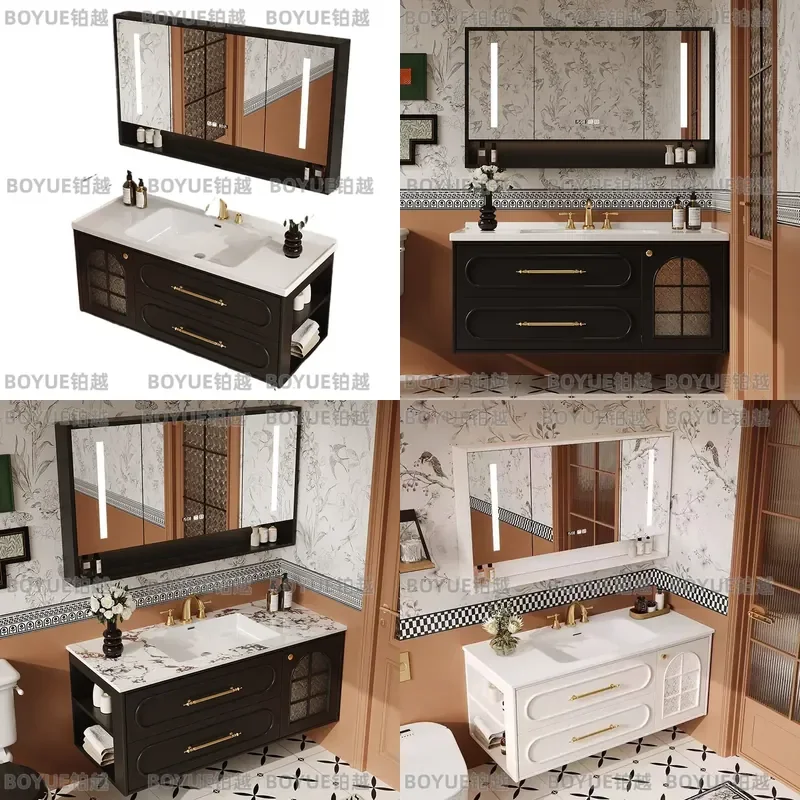 French Retro Oak Bathroom Vanity with Ceramic Integrated Basin Modern Light Luxury Washbasin Cabinet for Toilet Area Storage
