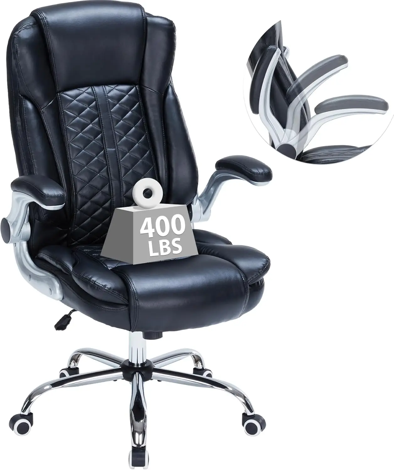 400lbs Executive Office Chair with Flip-Up Armrests, Big and Tall Ergonomic Computer Chair, Breathable PU Leather (Black)