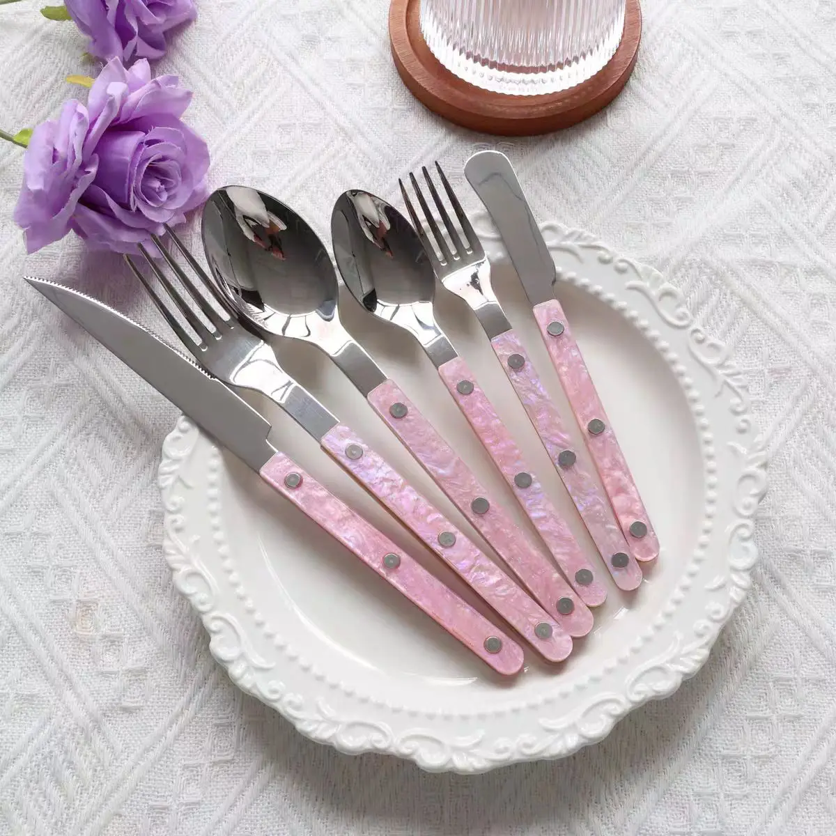 304 stainless steel pink knife, fork, spoon complete set Western restaurant home high-end hotel steak tableware 4/6-piece set