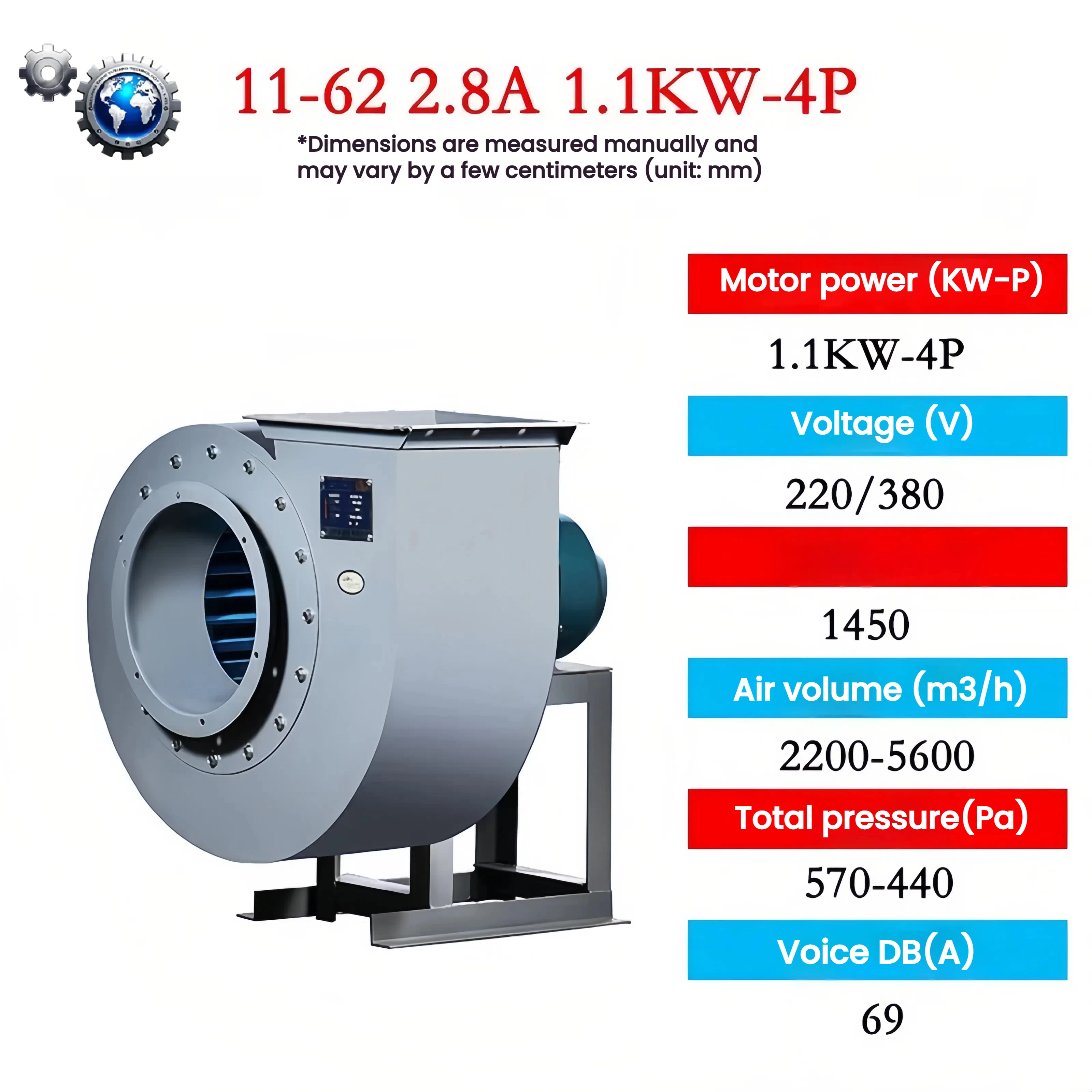 Ventilador Centrífugo Industrial de Alta Velocidad 11-62 para Extracción de Humo en Cocinas y Cantinas, Silencioso