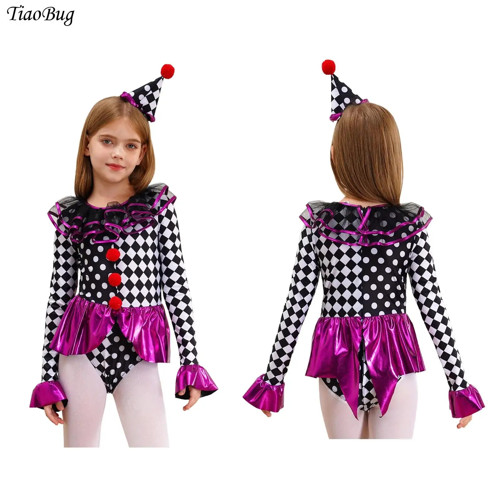 

Halloween Party Circus Clown Cosplay Costume for Kids Girls Long Sleeve Ruffle Checkerboard Polka Dots Red Pom Poms Bodysuit Set