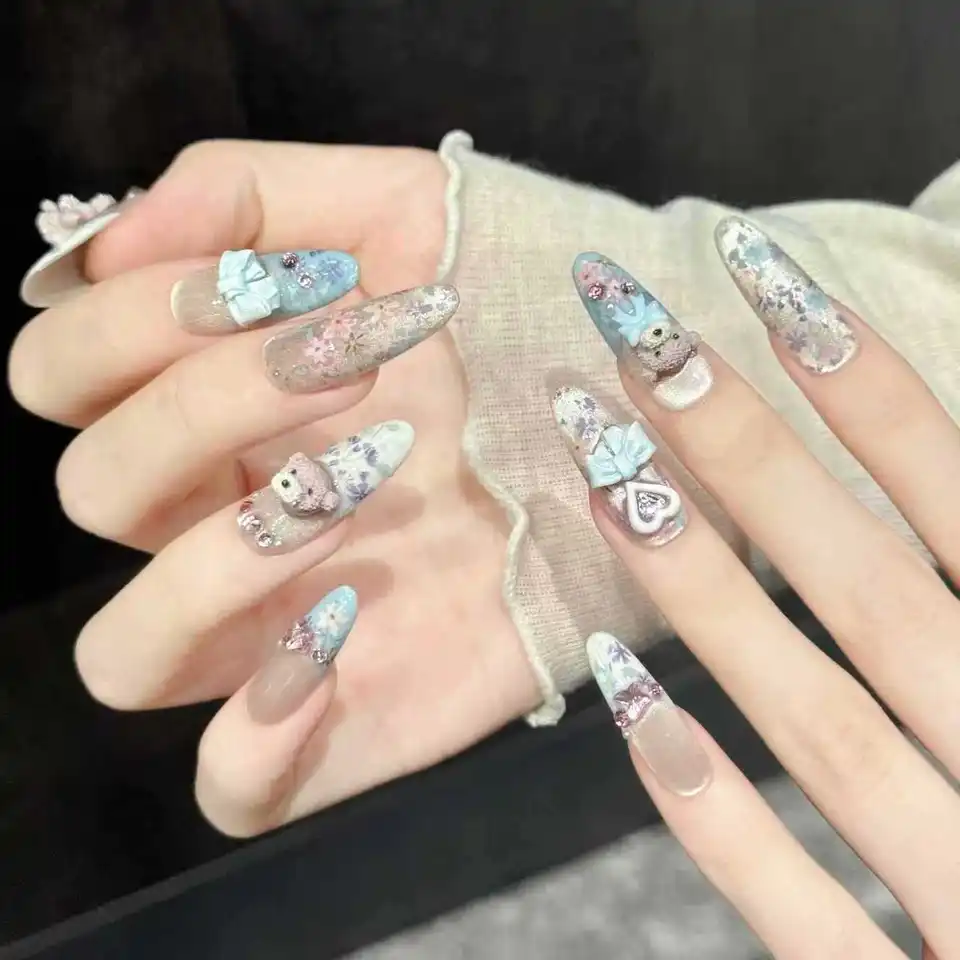 10 piezas de uñas postizas ovaladas largas hechas a mano, estilo chica joven y suave, adecuadas para festivales, fiestas y uso diario 3