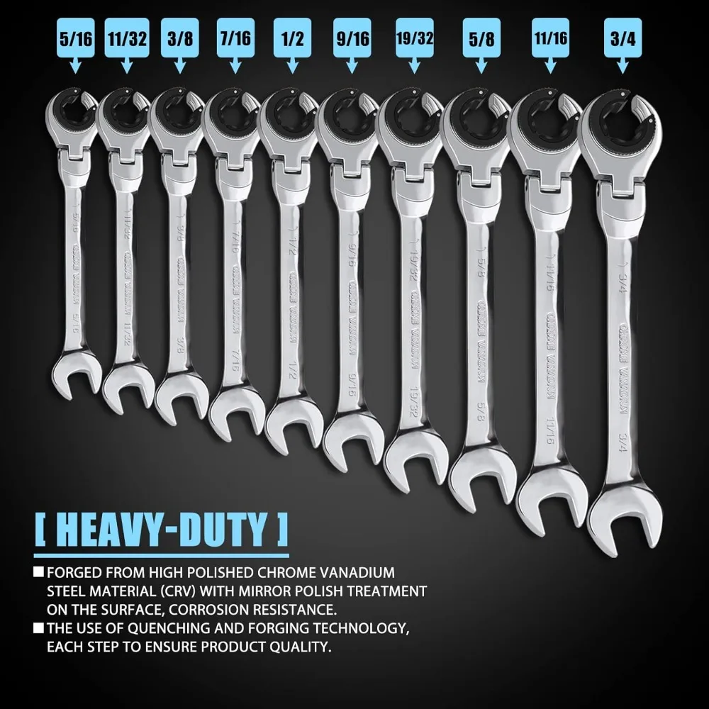 SAE Flex-Head Ratchetingประแจชุดประแจ 10 ชิ้น/เซ็ต 72 ฟัน, chrome Vanadium Steel Tubing Ratchet Spanner