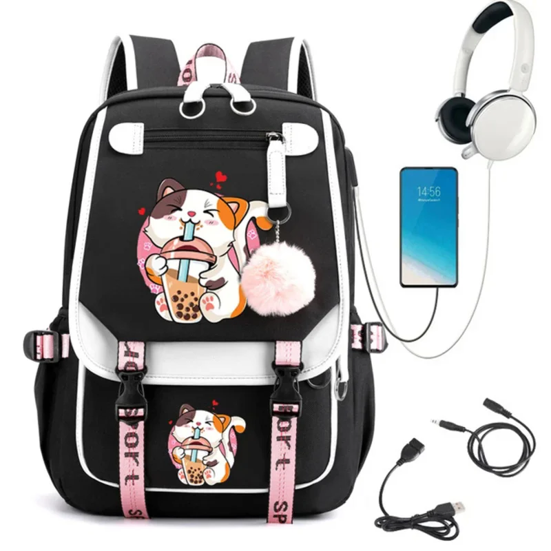 Mochila de nailon para mujer, morral escolar de moda coreana y japonesa para estudiantes, bolsa de viaje con dibujo de gato divertido, 2024