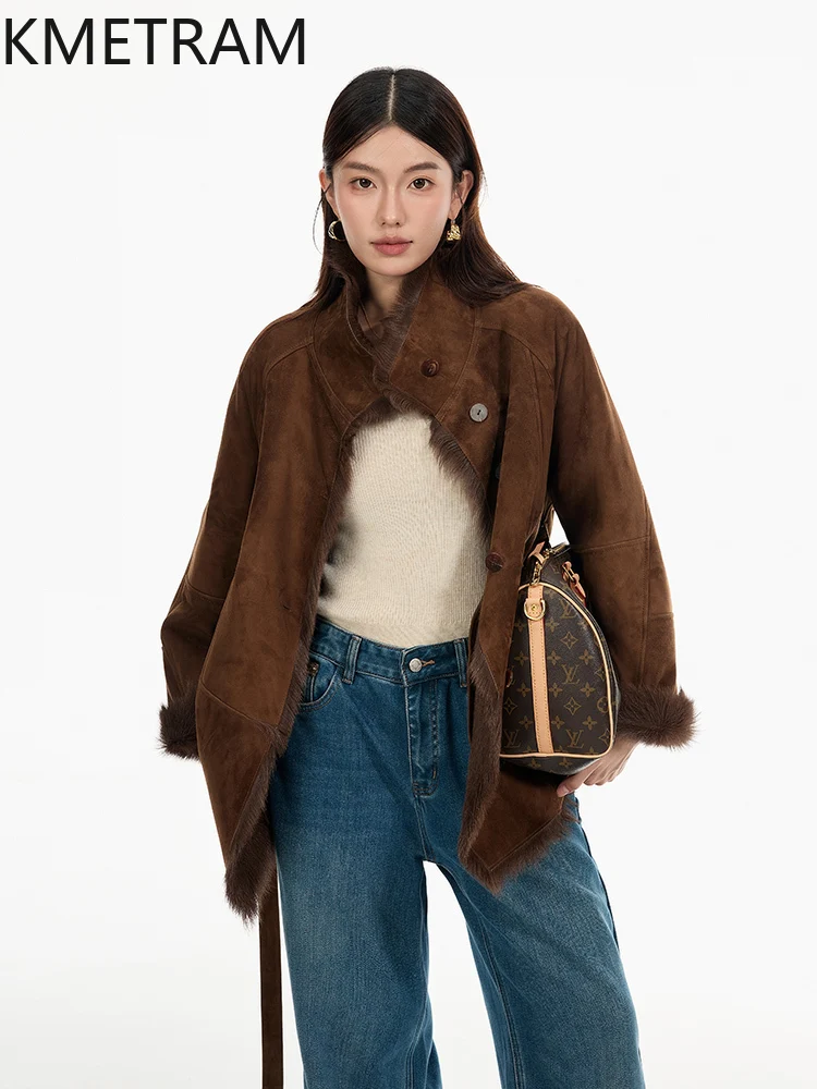 KMETRAM جلد الغنم الطبيعي توسكانا مع الصوف المرفقة معاطف امرأة عالية الجودة البني معطف الفرو الحقيقي ملابس الشتاء 2025 Fourrure