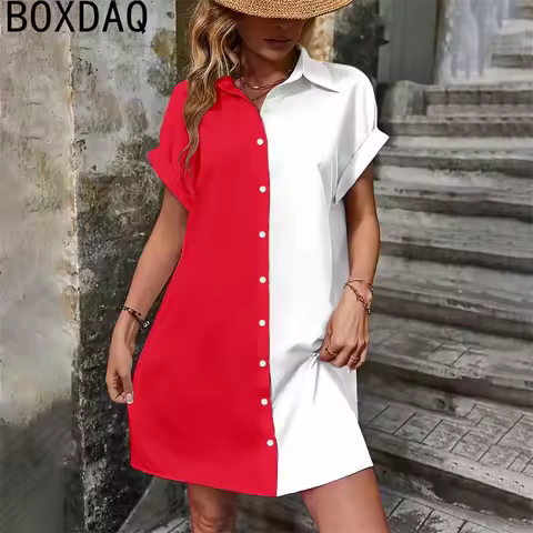 Two Tone Spliced Women's Shirt Dress Elegant Loose Short Sleeve Lapel Button Summer Evening Dress Plus Size Women Casual Dresses