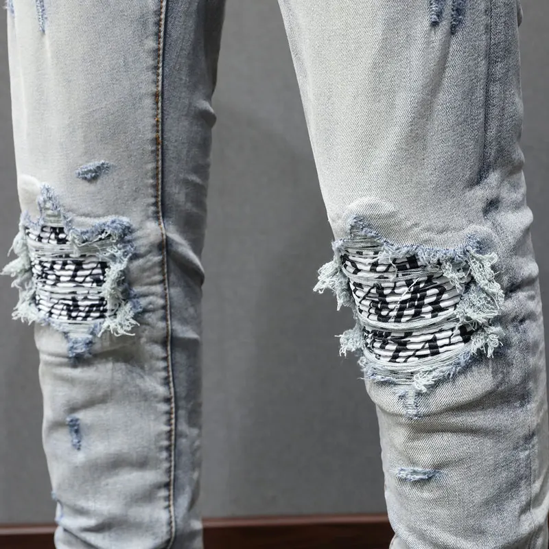 Fashionable new men's jeans with pleats, washed with nostalgia, elastic, slim fit, perforated patches, light blue jeans, high st
