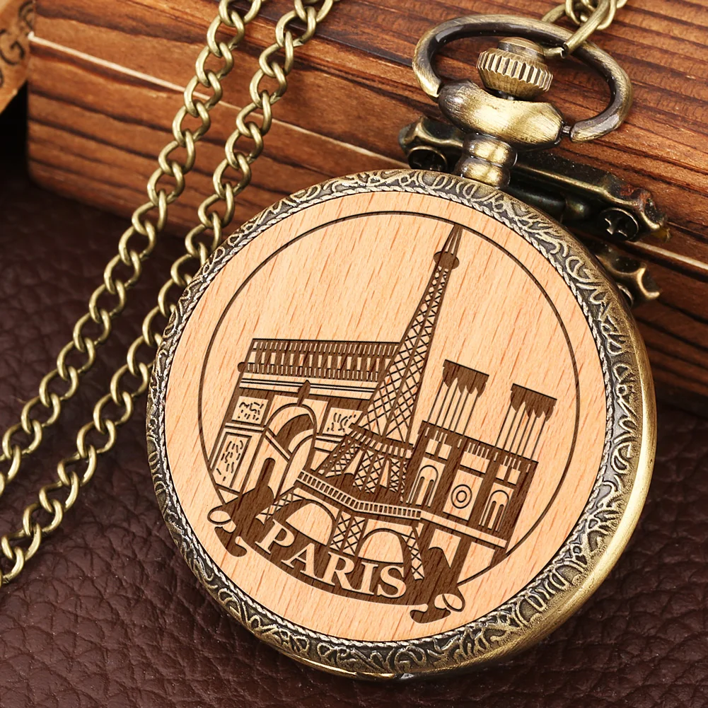 Sculpted Engraved Eiffel Tower Paris France Building Figurine Statue Wood Crafts Quartz Pocket Watch Wooden Clock Souvenir Gifts