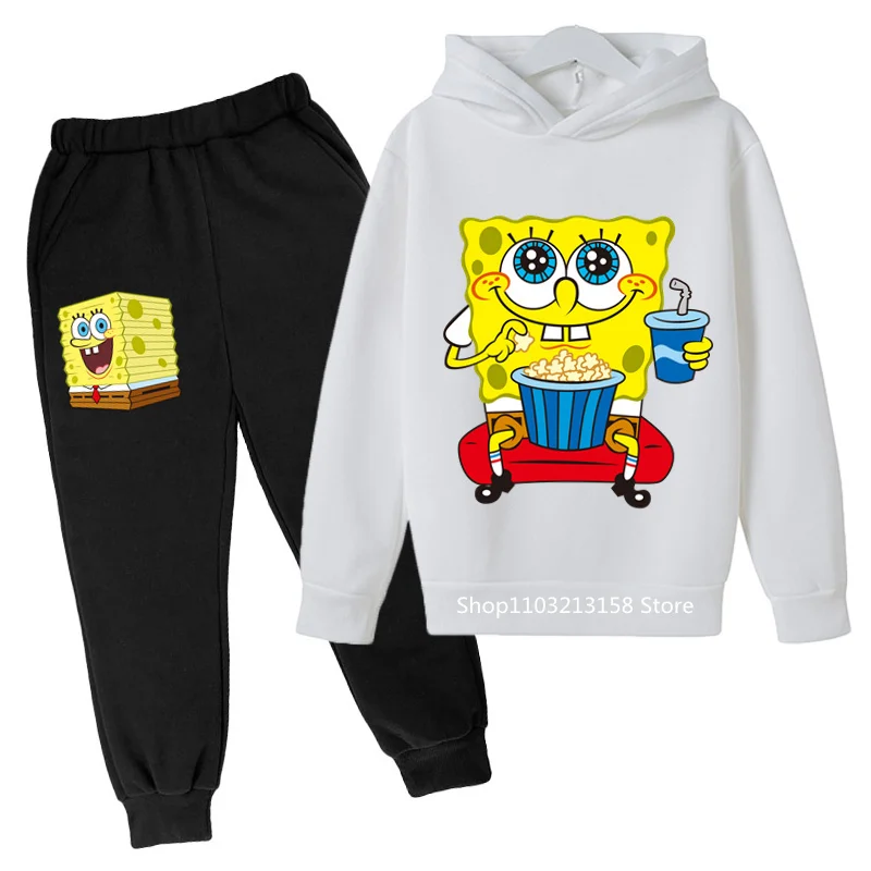 Hoodies Clothes Spongebob Squarepants Anime Spring Autumn Boys Girls Hoodies Set Kids Harajuku Fashion Pullover Tops+Pant Suit