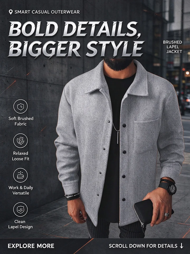 Herrenjacke aus gebürstetem Polyester, Reversjacke mit Knopfleiste/Reißverschluss und Tasche, bequeme, lässige Herbst- und Winterjacke für Büro und Business – Detail 1