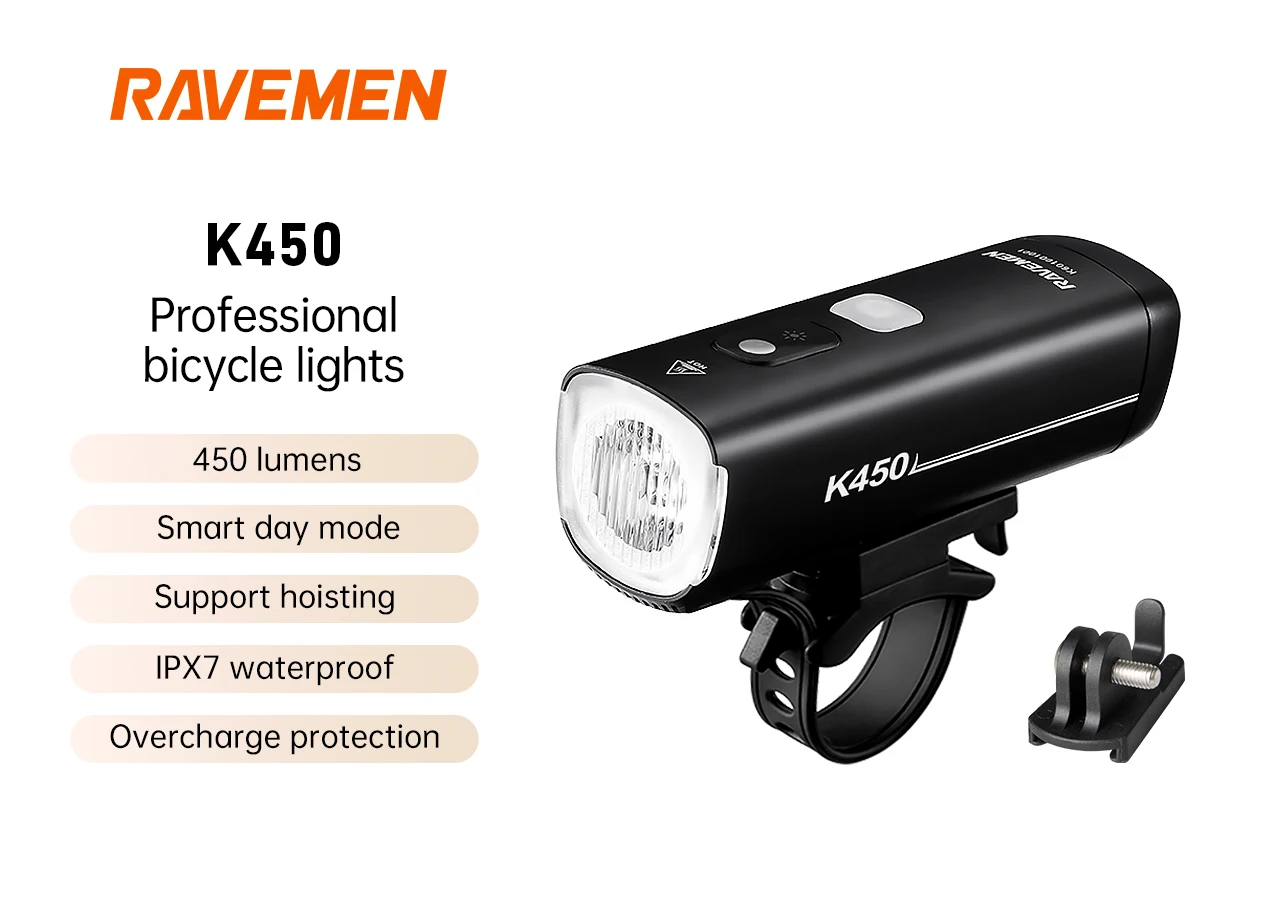 Ravemen LED Bike Front Light Bicycle Lamp Headlight USB Rechargeable K450 + AUB01 Upside-Down Mount Waterproof IPX7  Auto On-off