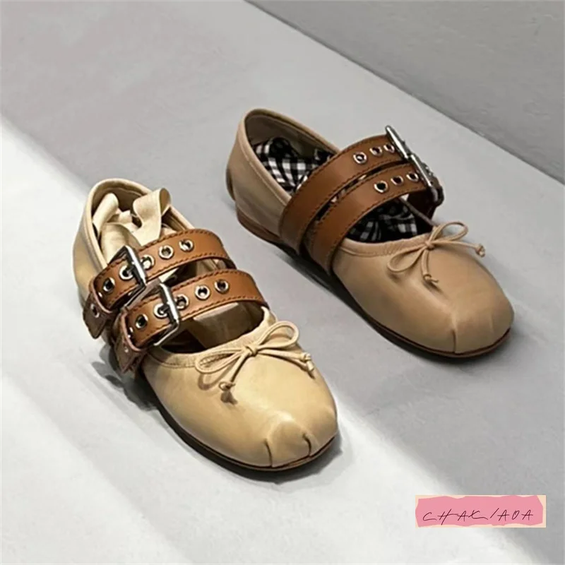 

Spring Autumn Heightened Womens Shoes Cute Bow Straps Elegant Ballet Flats Round Head Double Buckle Shallow Mouth Casual Shoes