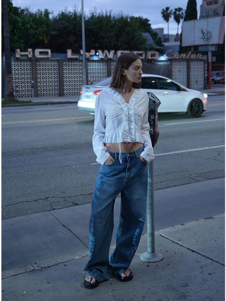   ort V-Ne レディース フリルヘムライン付きヴィンテージ スパイシーガール トップス コットン ロングスリーブ ボタン付きカーディガン