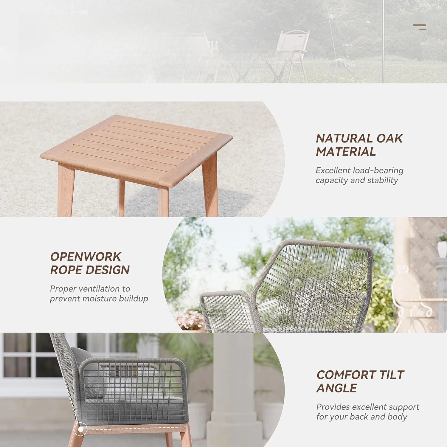 Set Modern Oak Patio Conversation Sets with Wooden Table for Balcony,Porch or Backyard,Grey