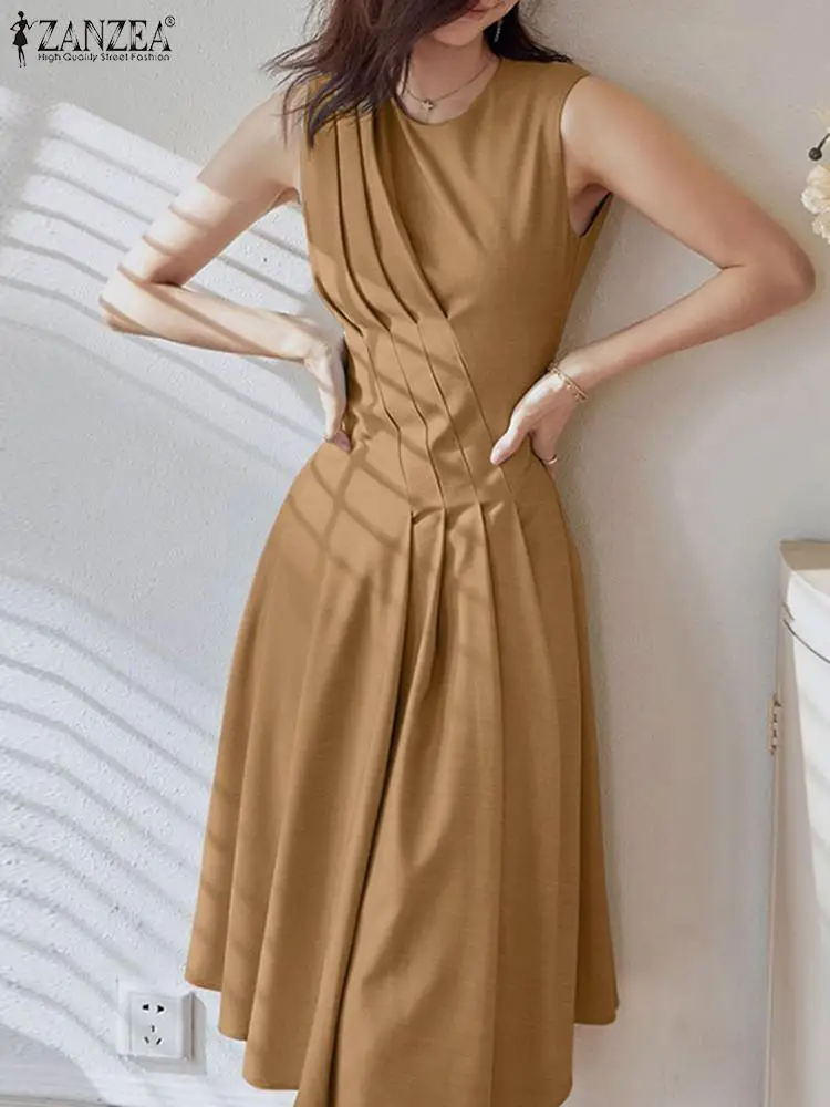 

Fashion A-line Pleated Dresses ZANZEA Elegant Party Sundress Women Summer Dress Solid Sleeveless O Neck Work Vestidos Robe Femme